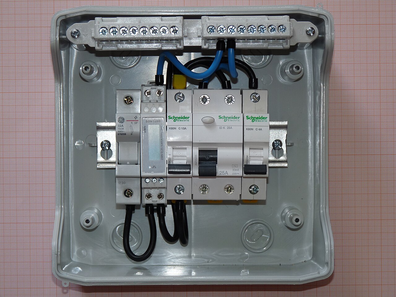 Groepenkast met aardlekschakelaars en installatieautomaten op een DIN-rail