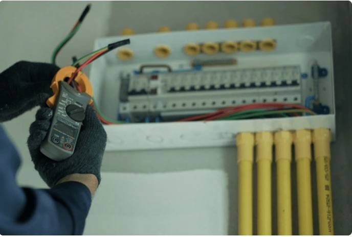 Monteur meet met een multimeter aan een verdeelkast om een storing op te sporen