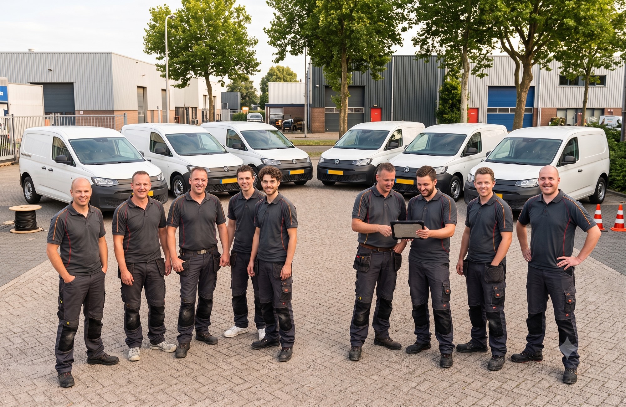 Monteurs in bedrijfskleding voor de servicebussen van De Amsterdamse Elektricien